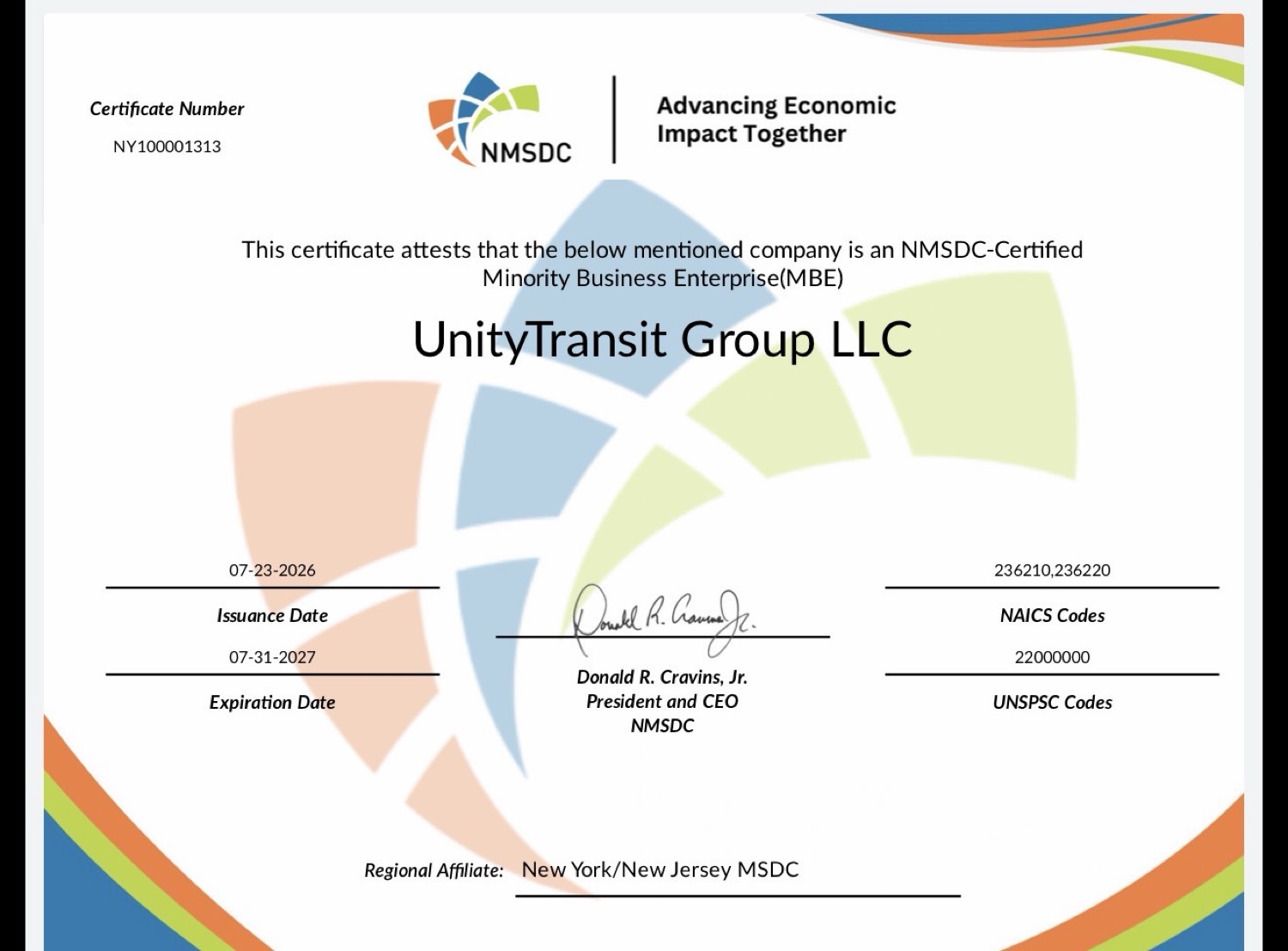 NMSDC MBE Certificate for UnityTransit Group